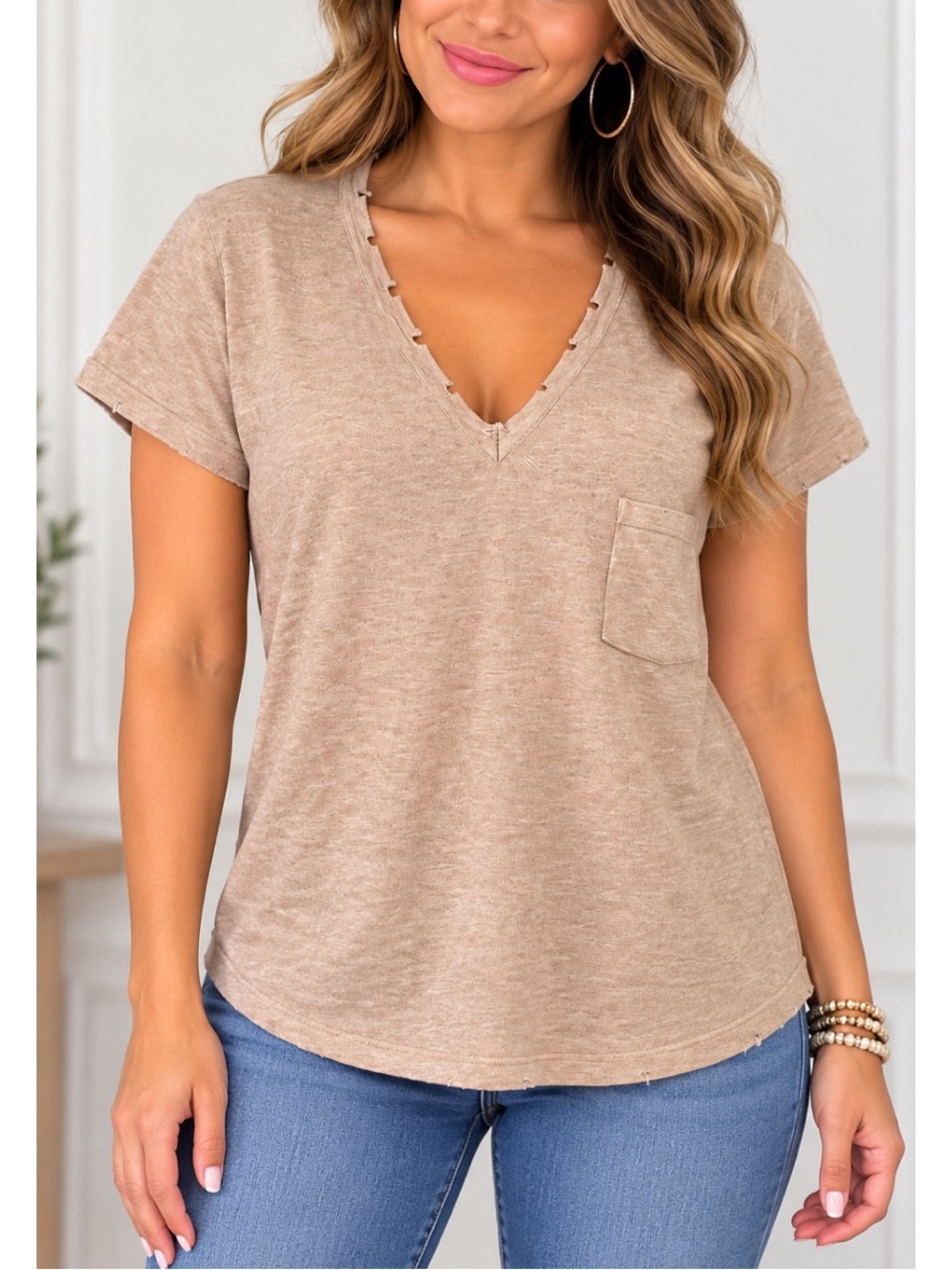 POL short sleeve tan knit top- Medium